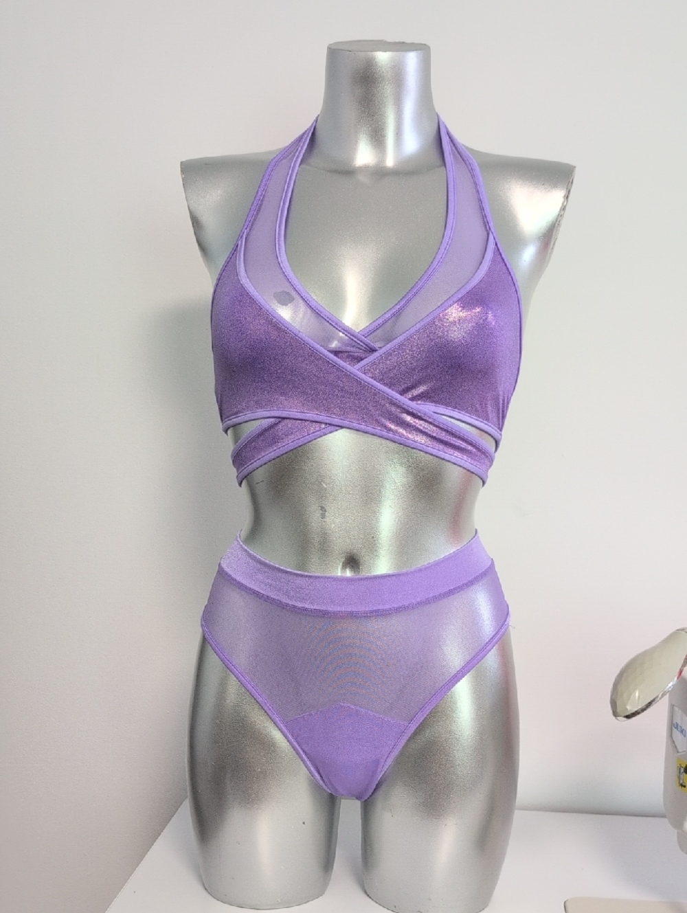 XS Sparkle Lilac Crisscross Halter Bikini Top & High-Waist Mesh Bottom- EXES